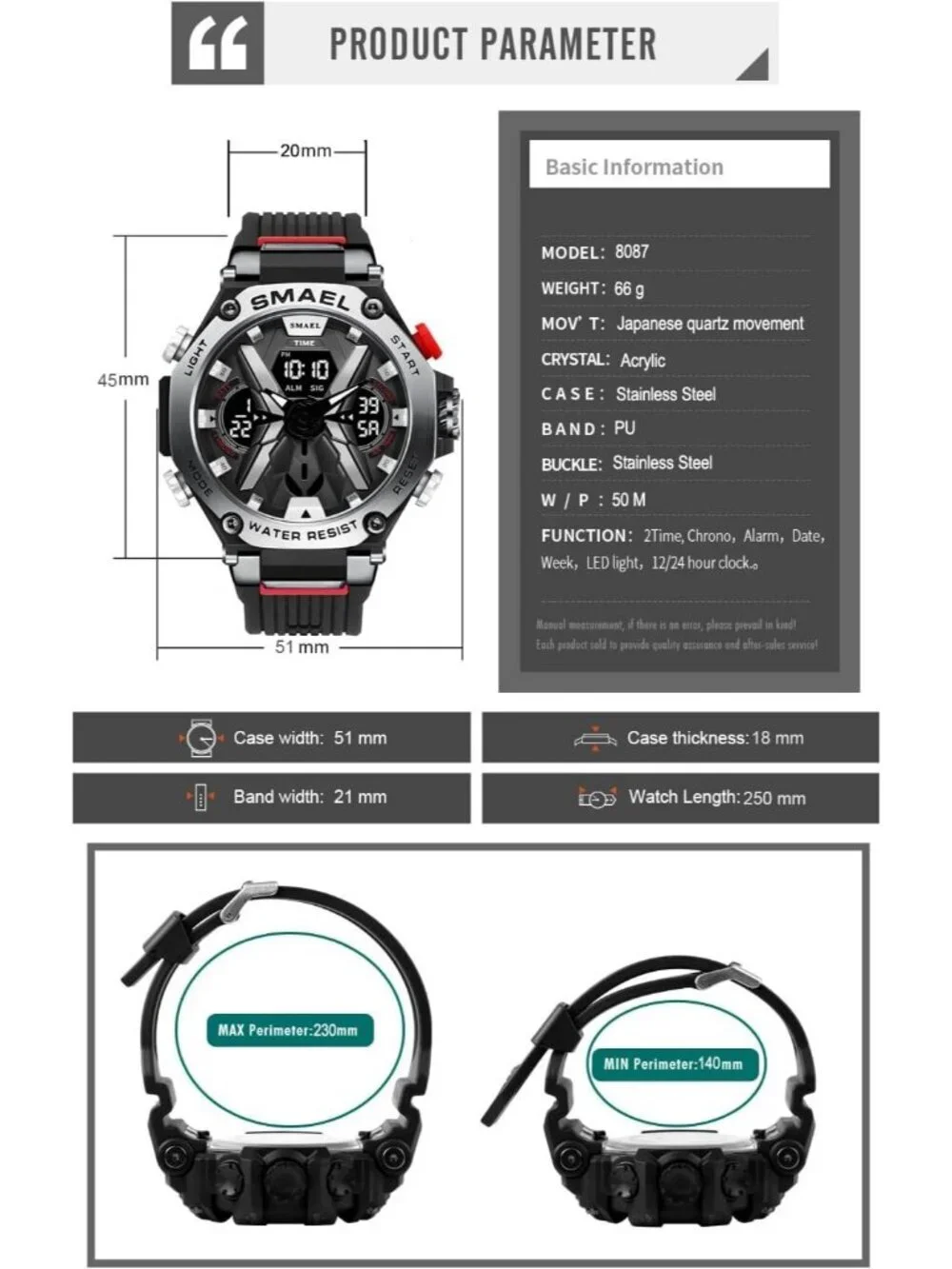 Men's Black Silver Analog Quartz Sports Waterproof Military Alarm Digital Watch